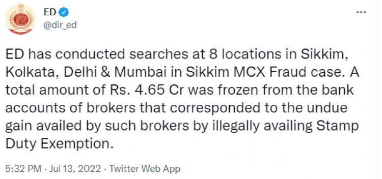 Sikkim MCX scam: ED searches 8 locations, freezes Rs. 4.56 cr of brokers
